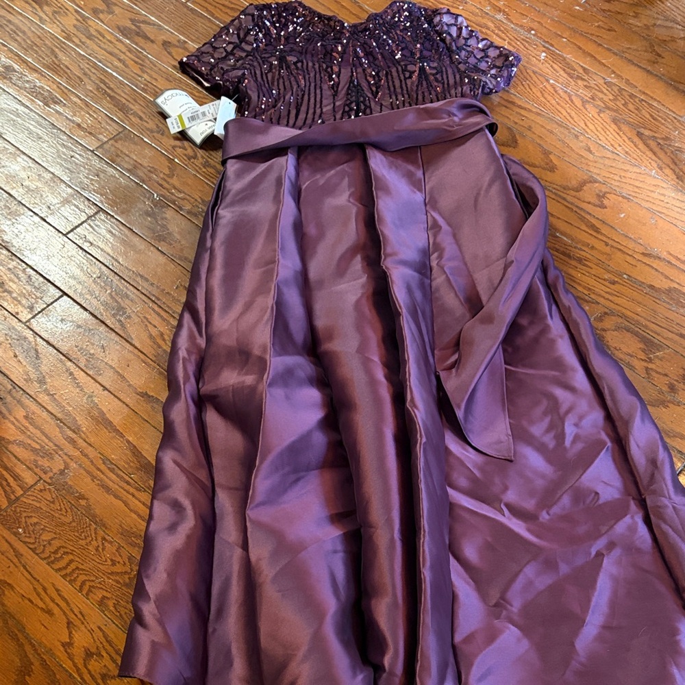 R&M Richards Plum Sequin Bodice Satin High-Low Gown with Sash - Picture 6 of 7